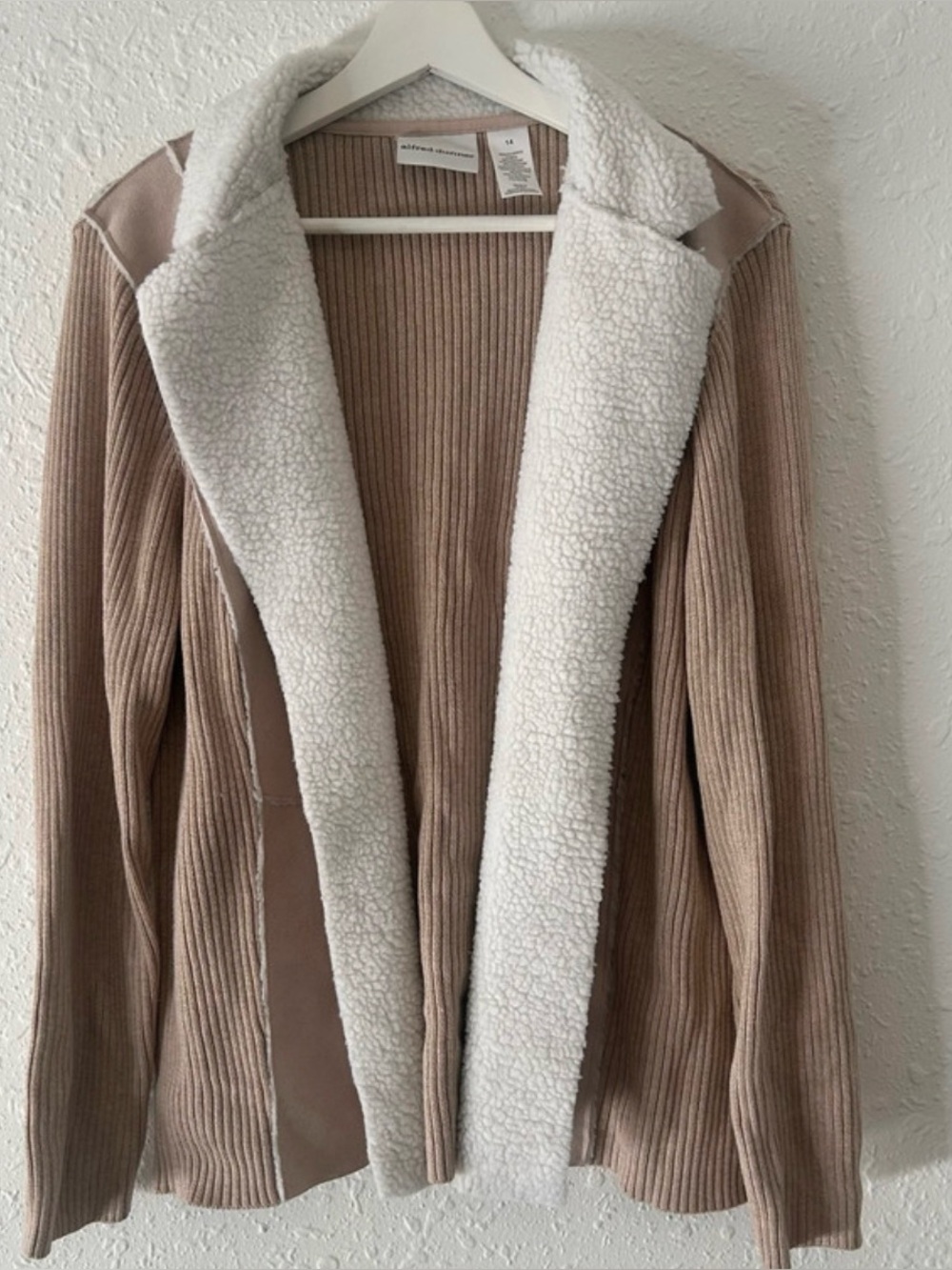 Alfred Dunner Sherpa & Suede Knit Open Front Cardigan Sweater Jacket 14